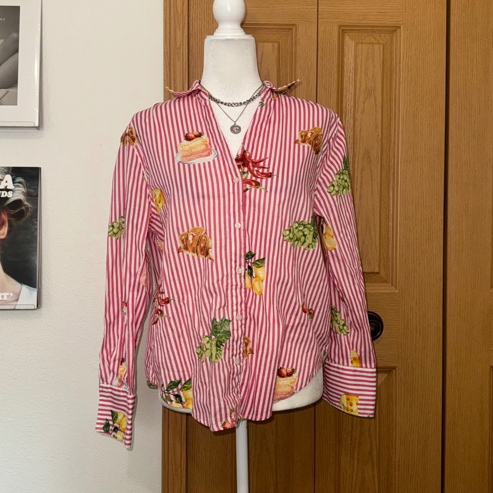 Pink Striped Food Print Cotton Button Down Shirt Picnic Croissant Fruit XL